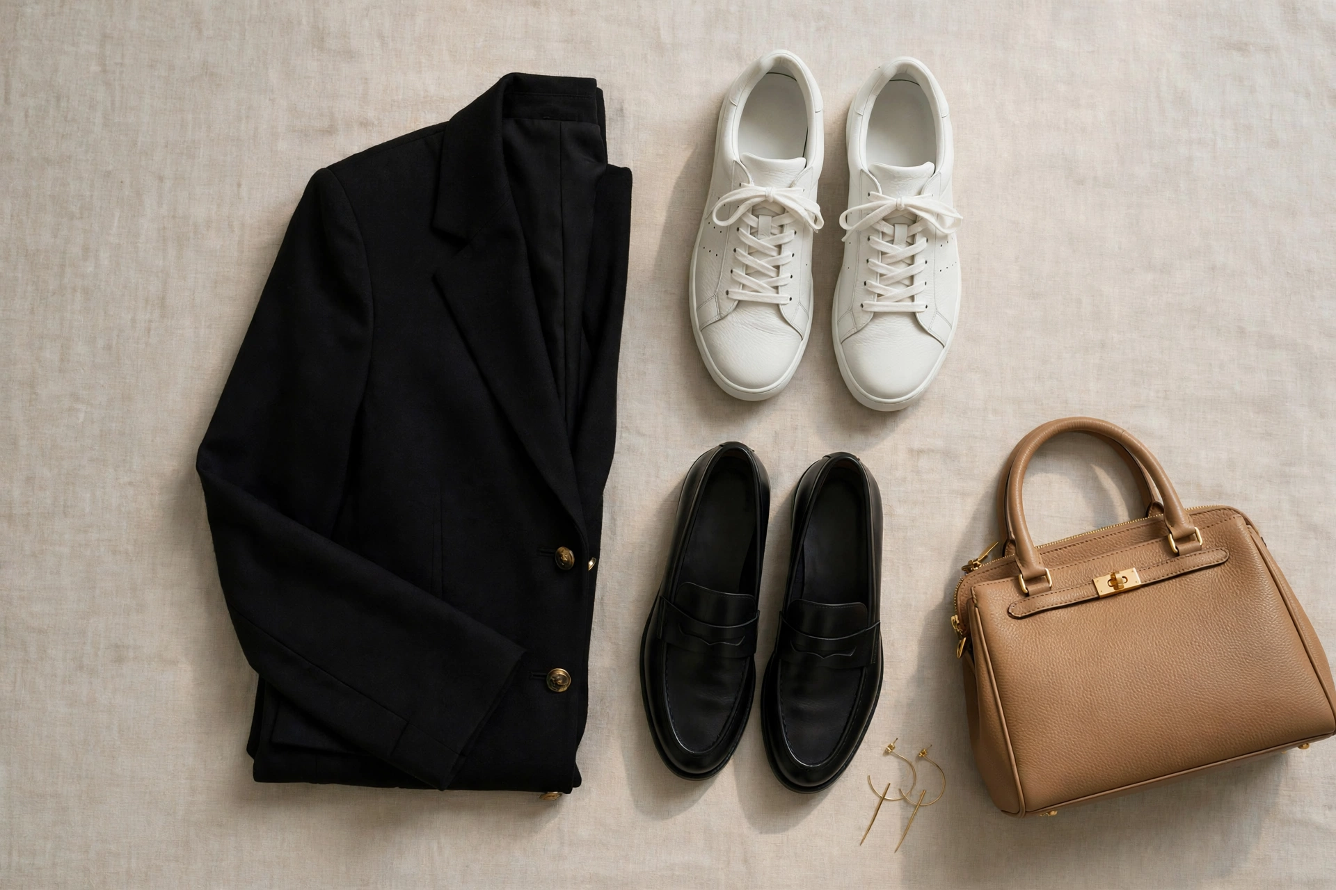 Flat lay of shoes and bags for black blazer outfits for women