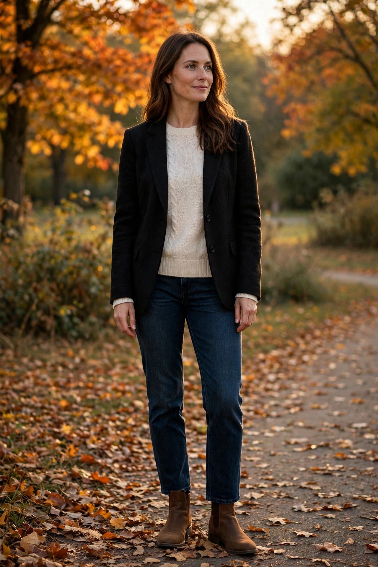 Black blazer over a cream sweater, a cozy example of black blazer outfits for women