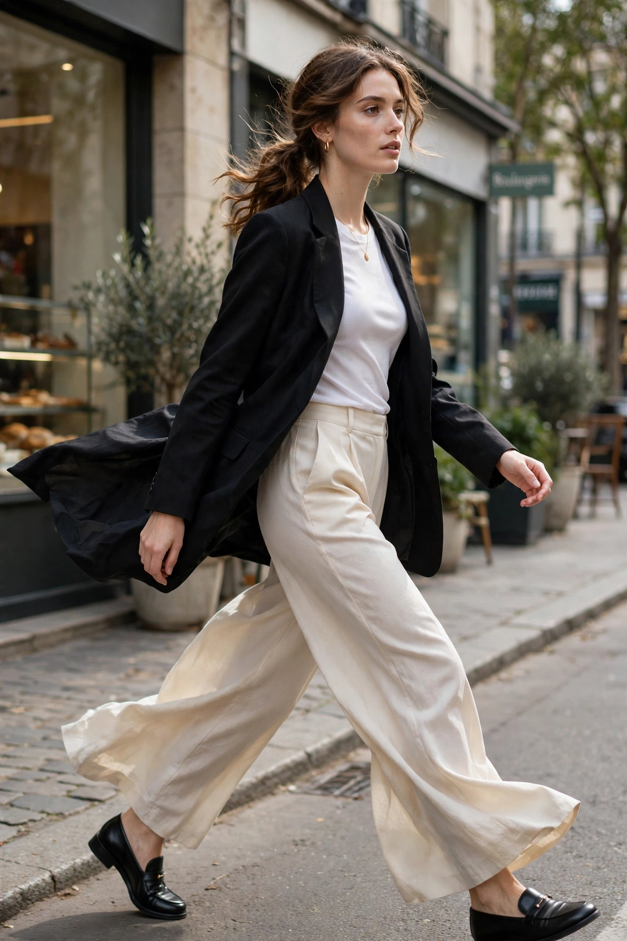 Black blazer with cream wide-leg trousers, one of the best black blazer outfits for women