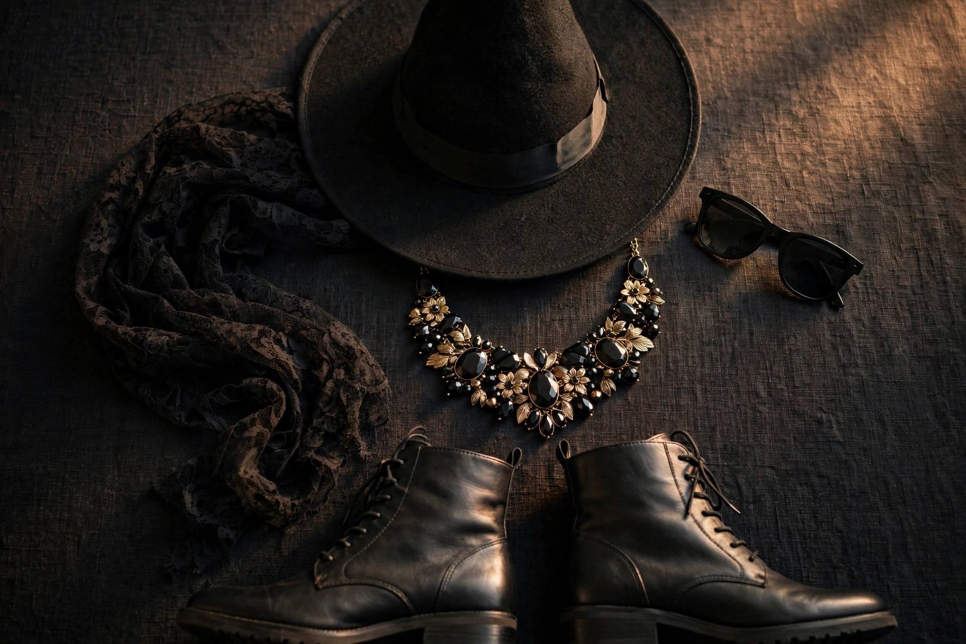 Flat lay of accessories for black halloween outfits for women