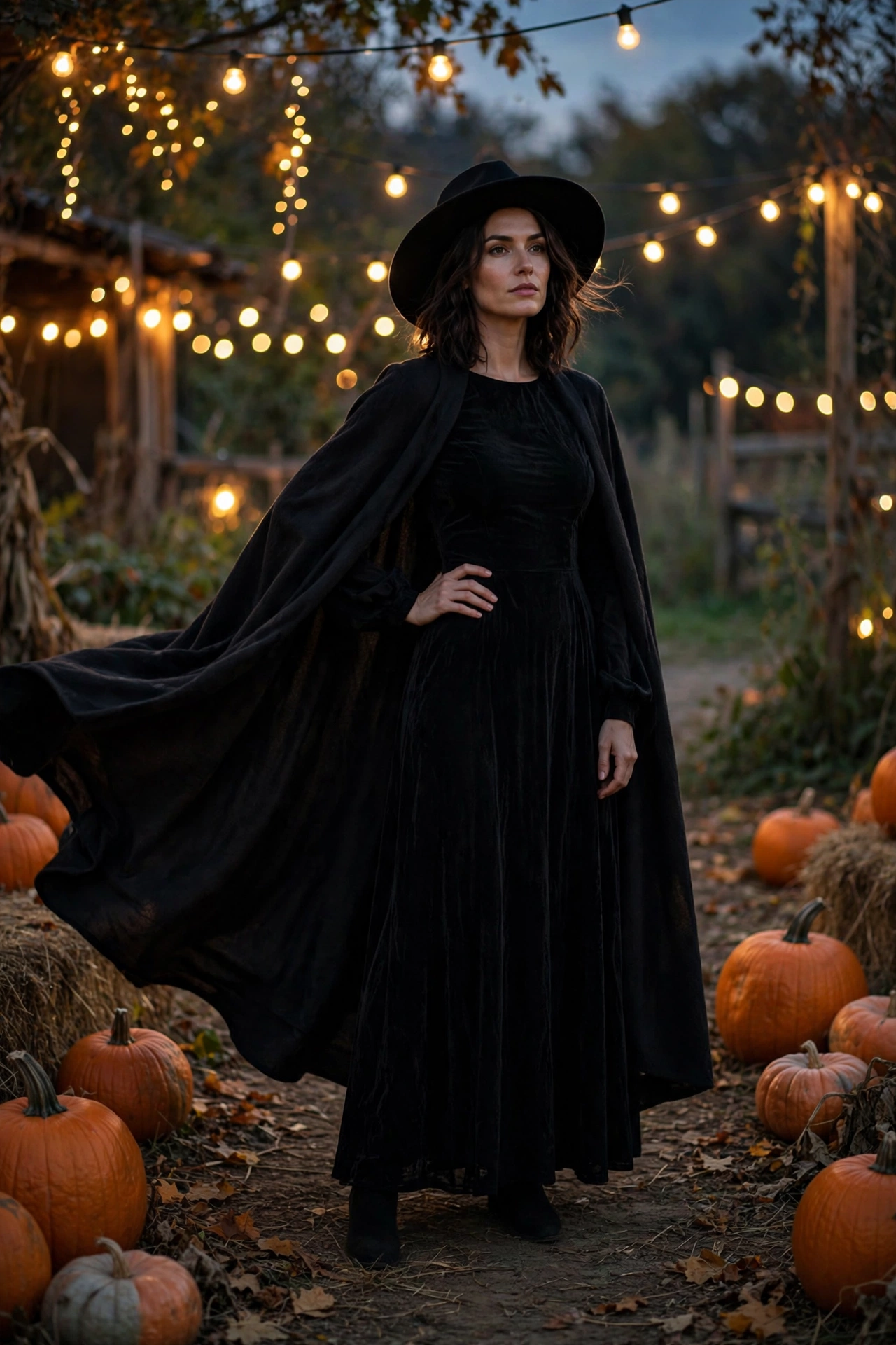Woman in a black witch outfit, showing black halloween outfits for women