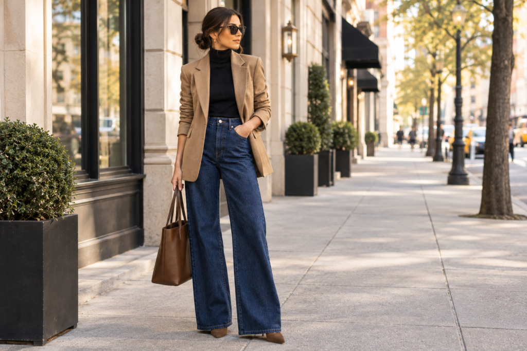 Woman wearing a black turtleneck under a tan blazer with wide-leg jeans
