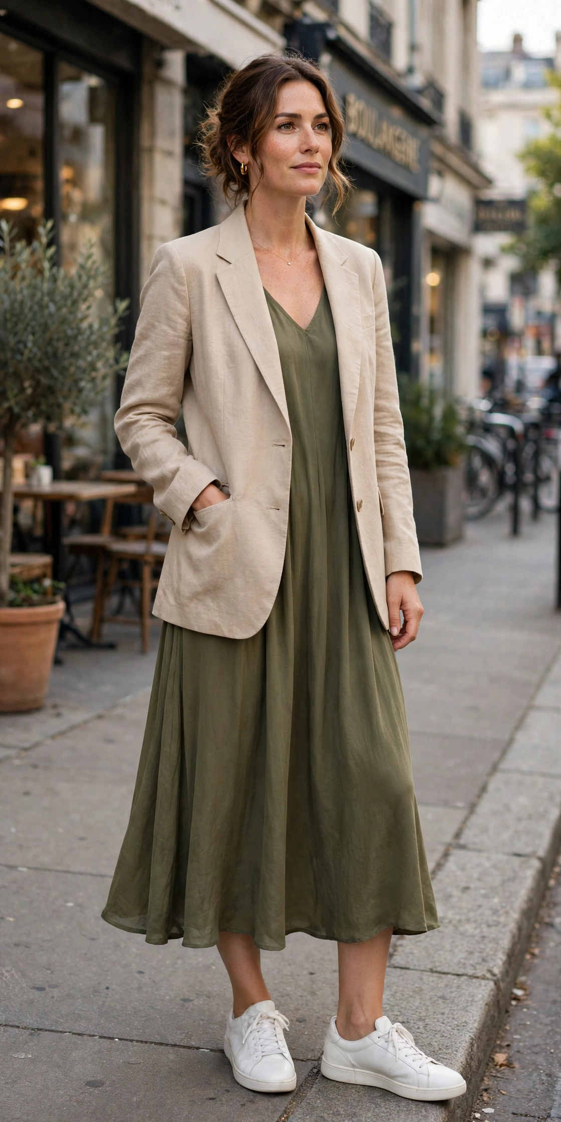 Woman wearing a beige blazer over a midi dress, showing blazer and dress outfits for women