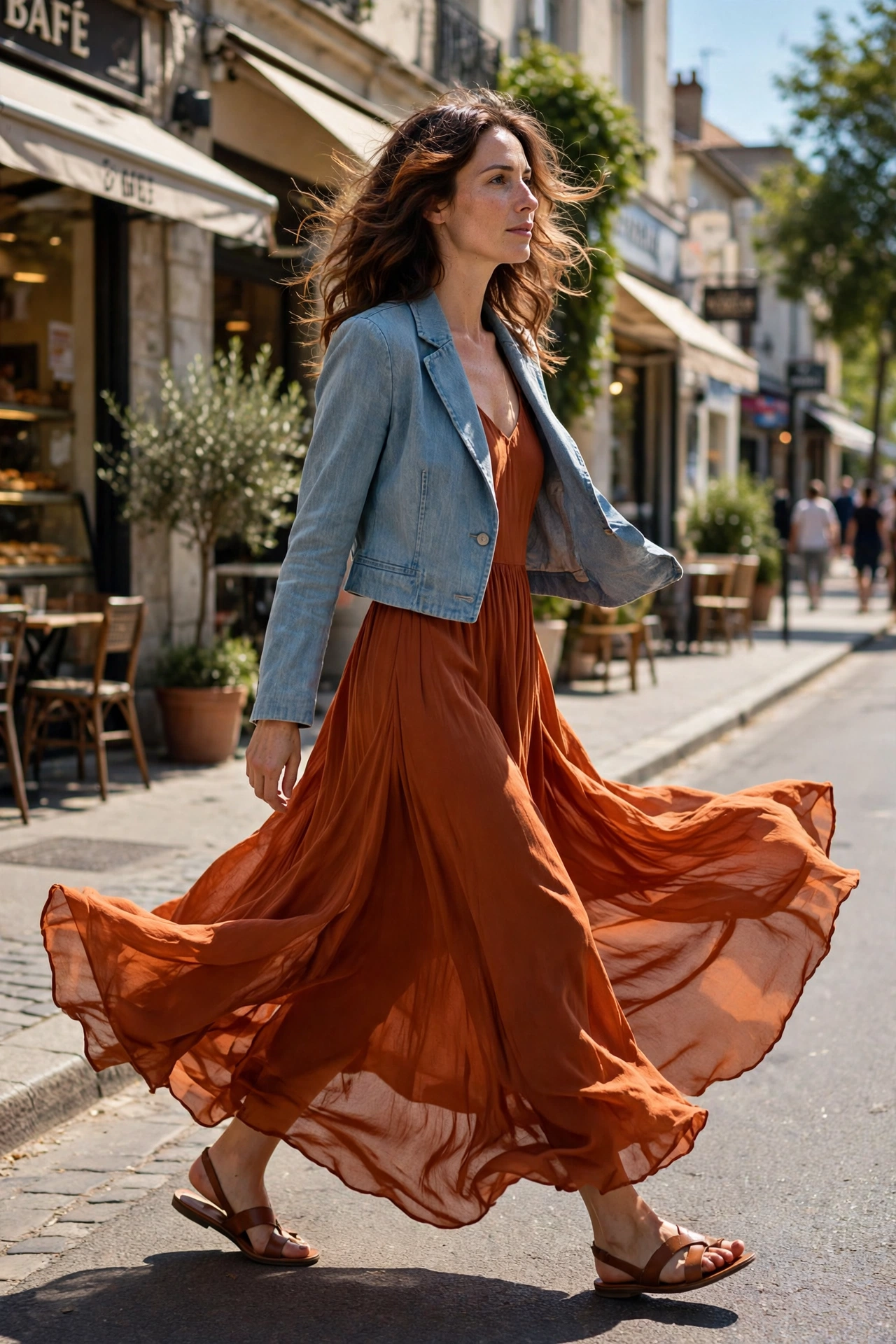 Cropped denim blazer with a maxi dress, an easy take on blazer and dress outfits for women