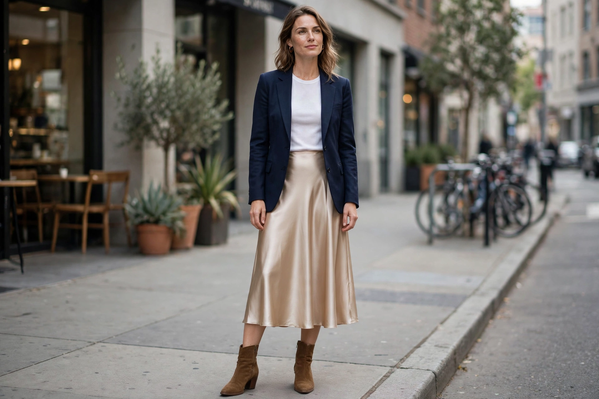 Woman wearing a navy blazer with a midi skirt, showing blazer and skirt outfits for women