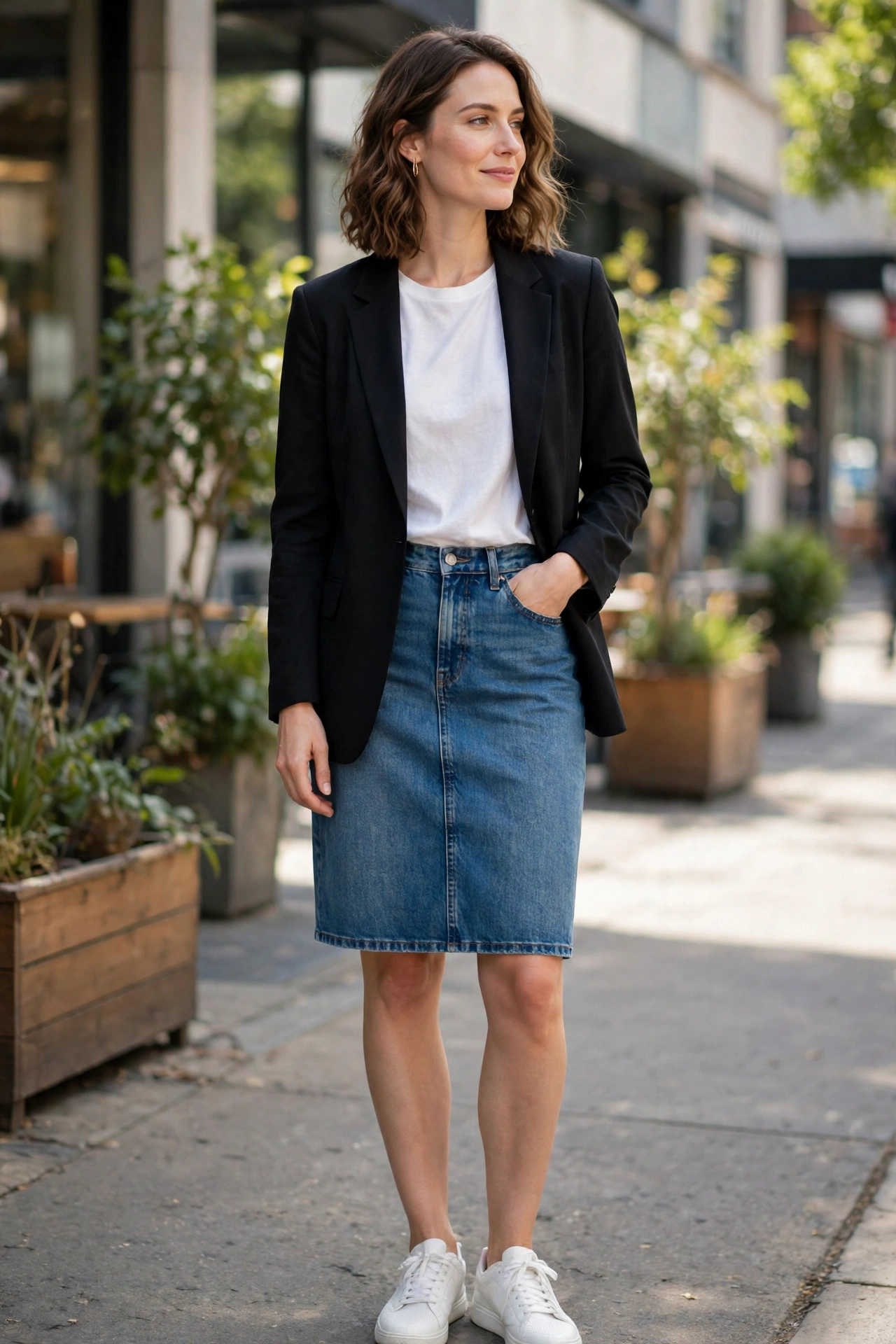 Black blazer with a denim skirt, a casual look in blazer and skirt outfits for women