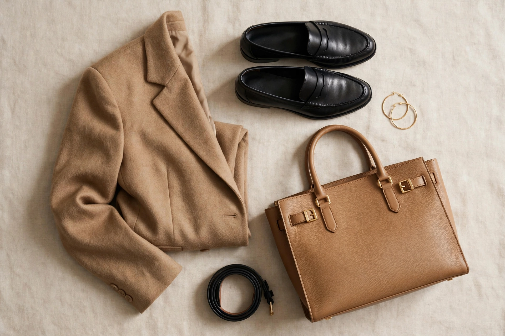 Flat lay of loafers, a tote bag, and jewelry for blazer and dress outfits for women