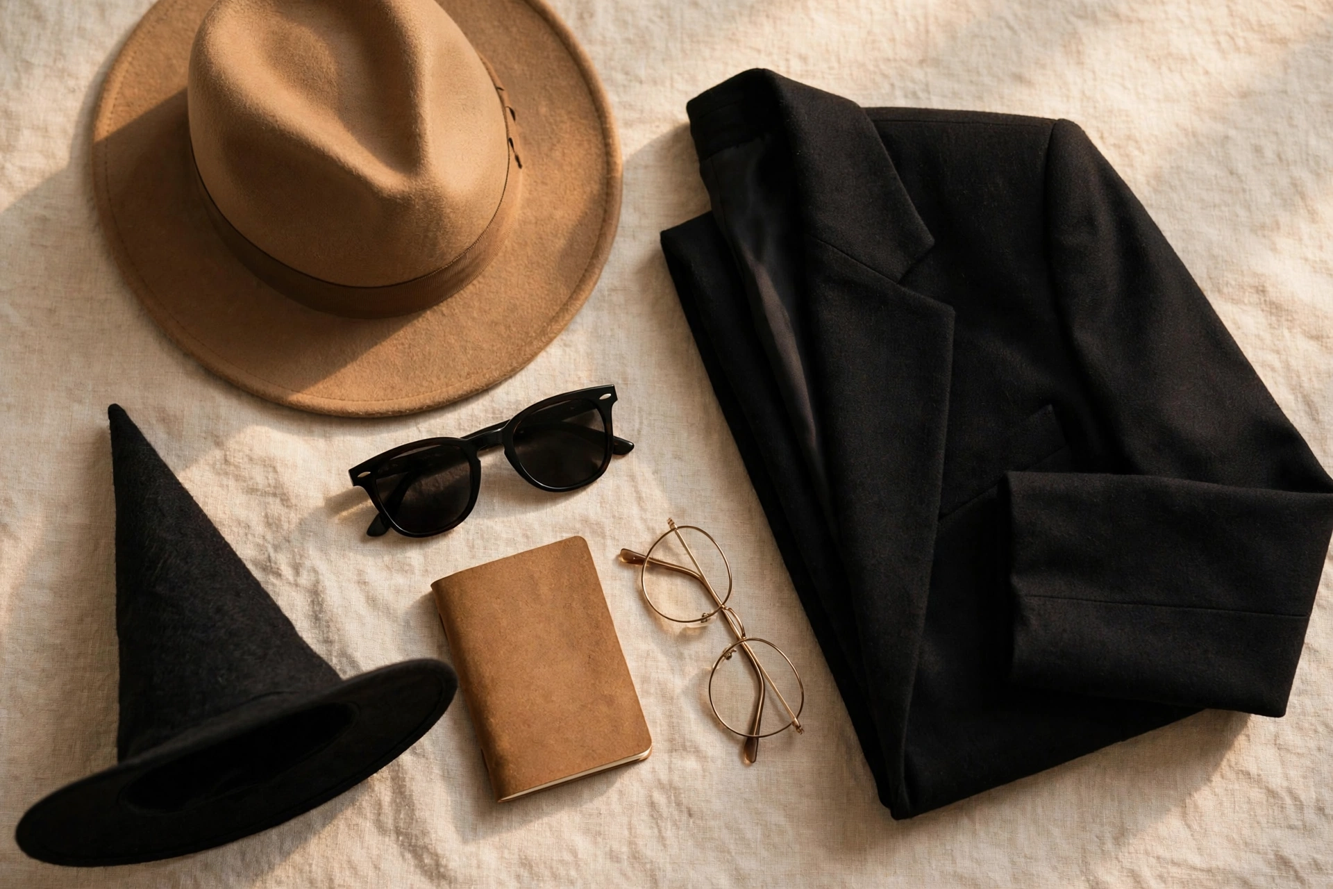 Flat lay of hats and props for blazer outfits for halloween