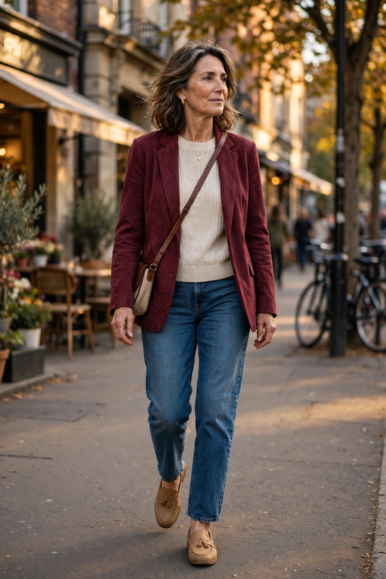 Woman in her 50s wearing a burgundy blazer over a cream knit top with jeans