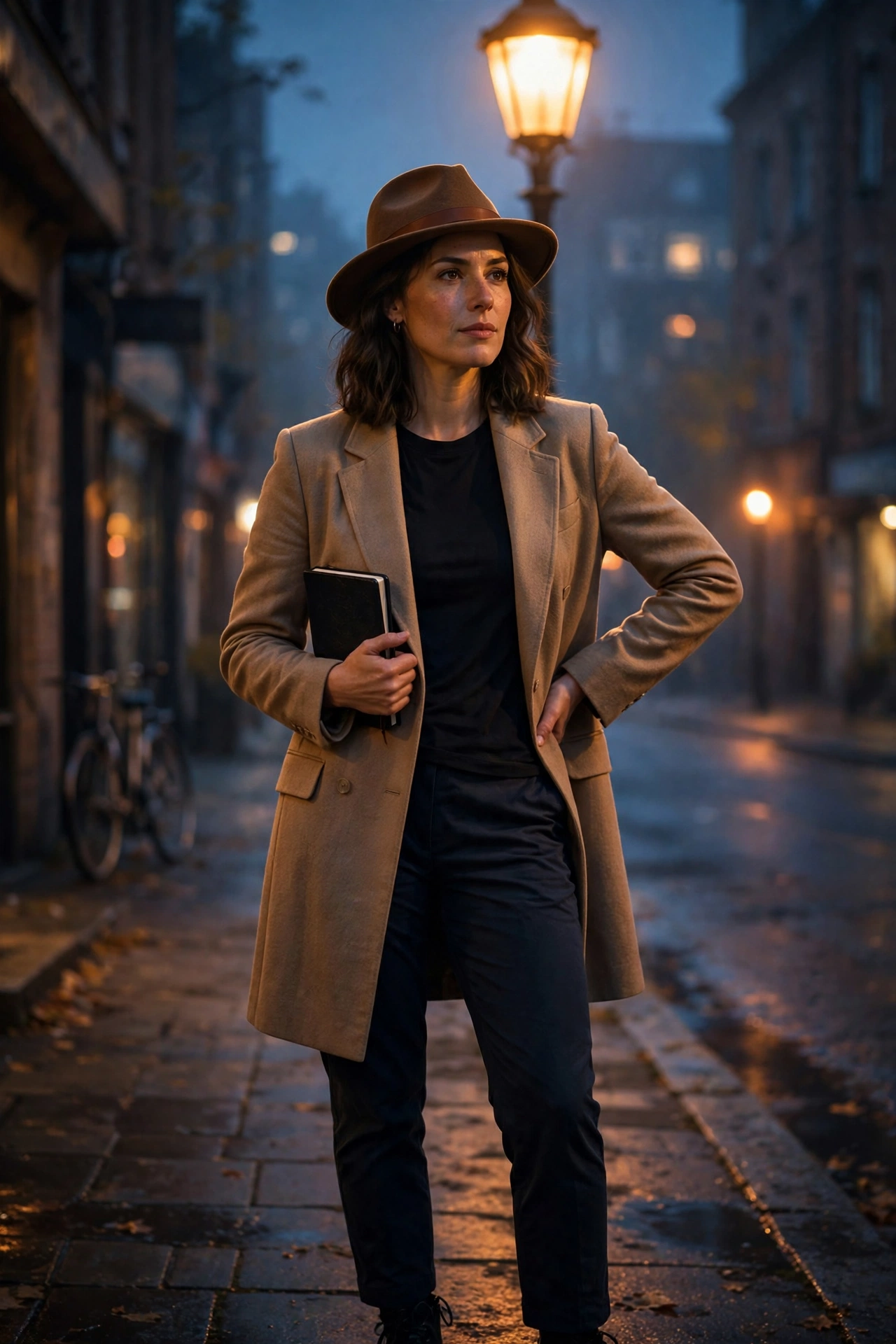 Woman in a trench-style blazer detective costume, showing blazer outfits for halloween