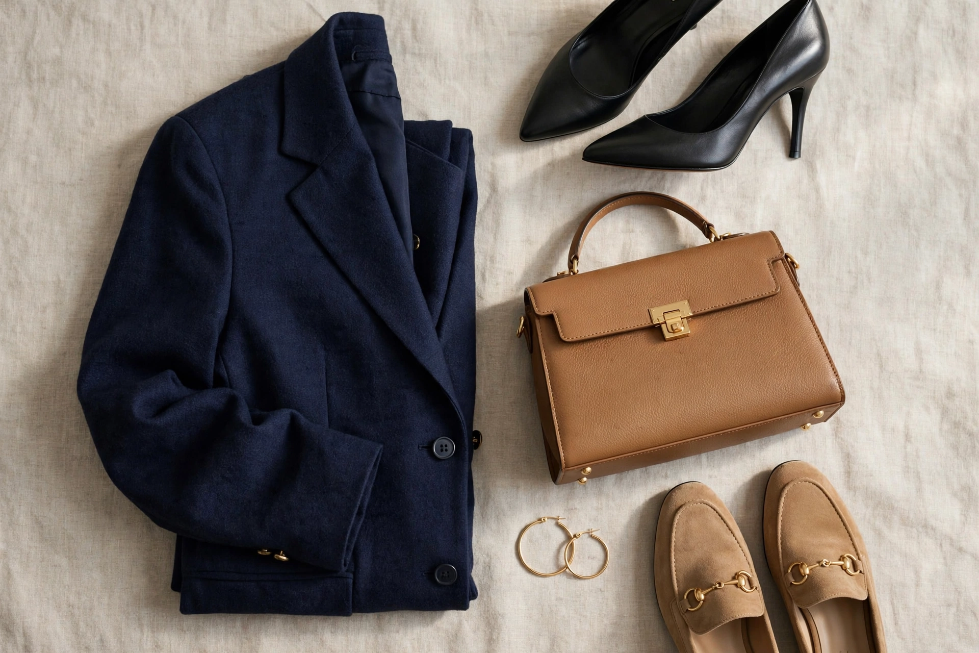 Flat lay of shoes and bags for blazer and skirt outfits for women