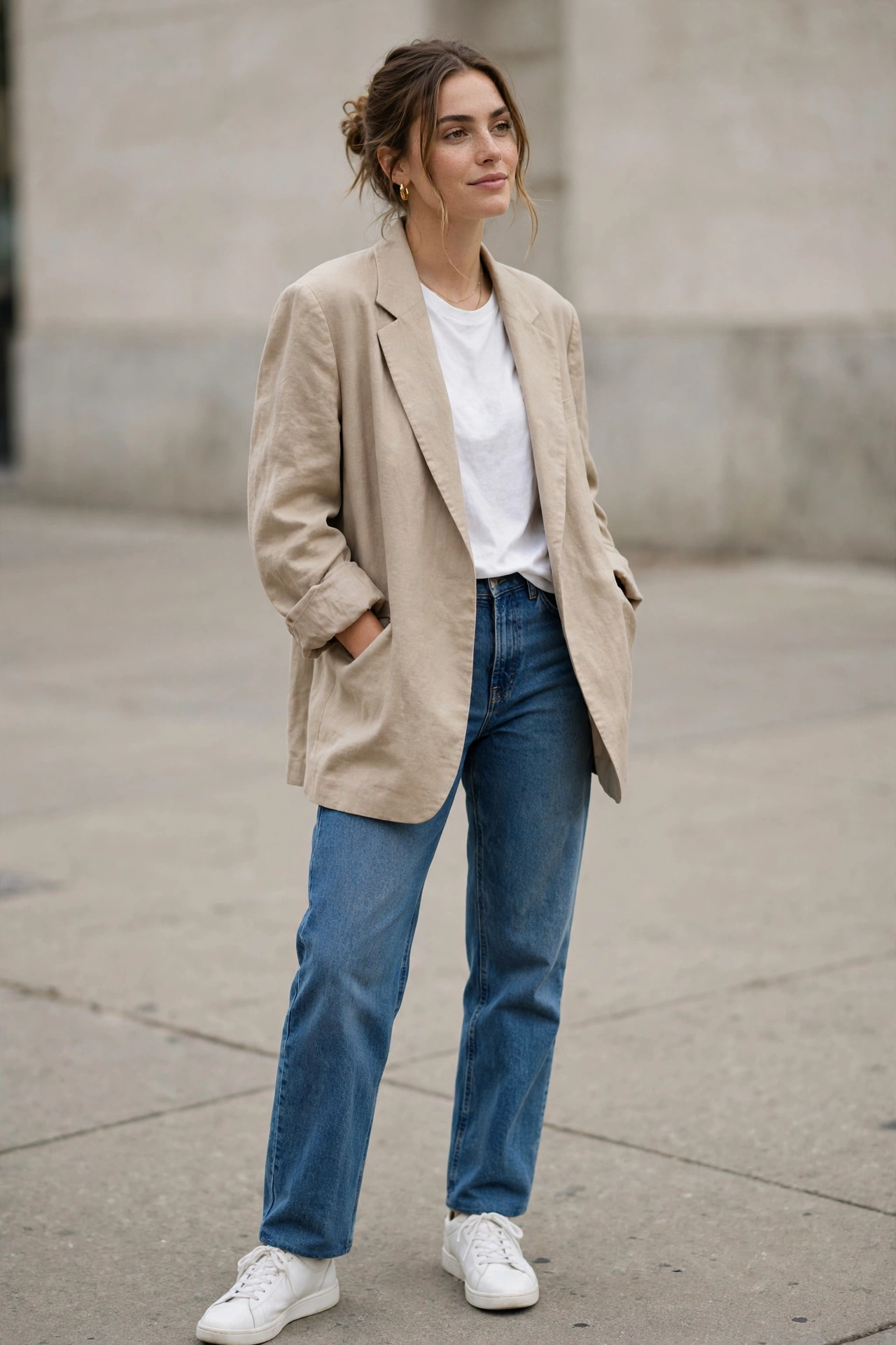 Woman wearing a beige blazer with white sneakers and jeans