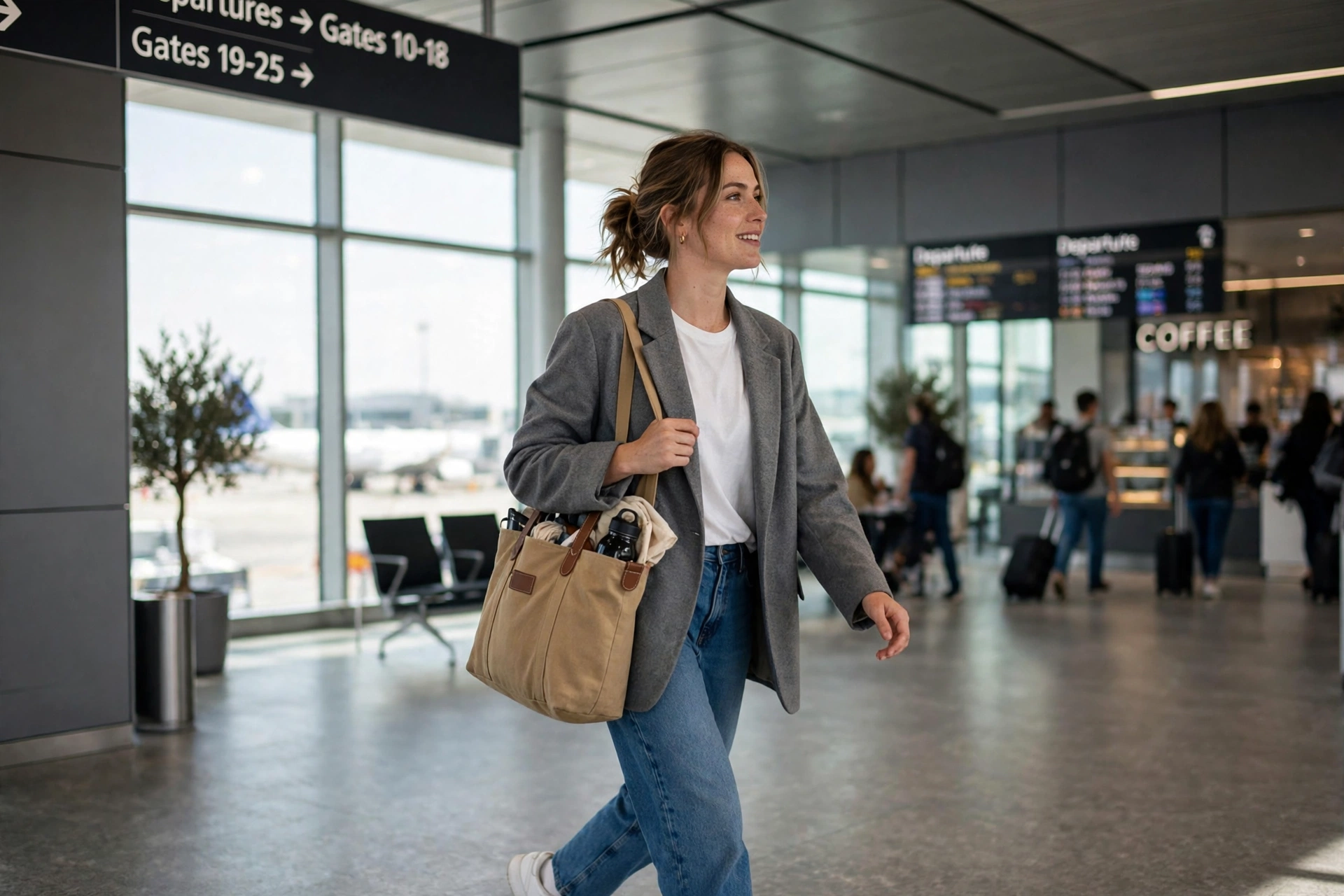 Woman at an airport wearing a blazer, jeans, and sneakers with a tote bag