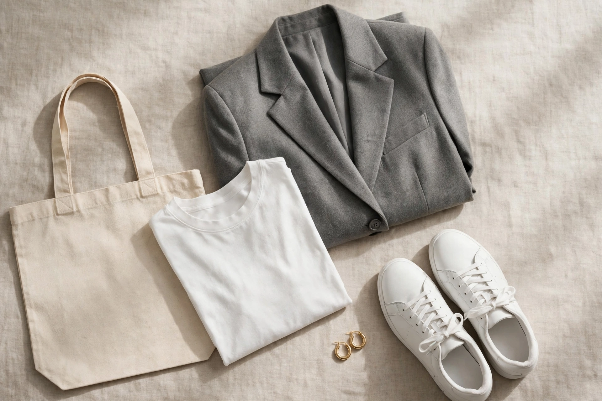 Flat lay of sneakers, a tote, and jewelry for blazer and t-shirt outfits for women