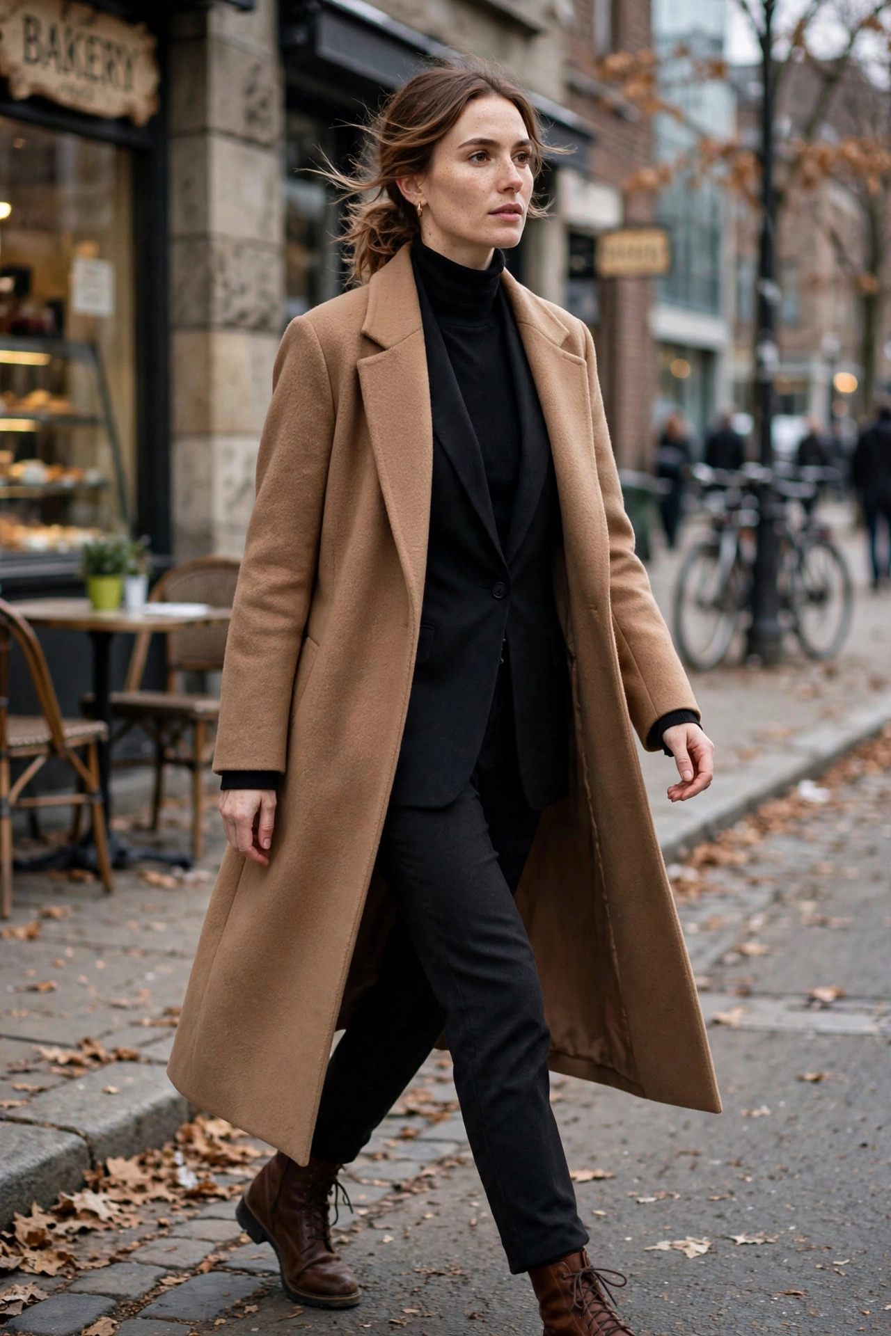 Woman wearing a blazer visible beneath an open long wool coat