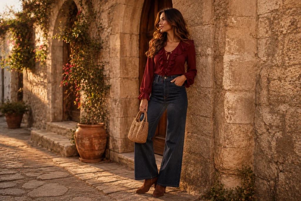 Woman wearing a burgundy ruffled blouse with wide-leg denim jeans