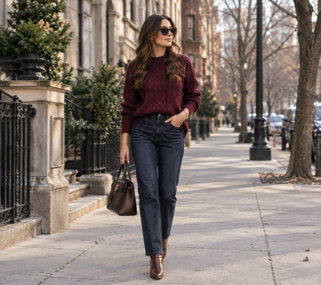  Burgundy cable-knit sweater paired with dark straight-leg jeans and leather boots for a sophisticated winter outfit.