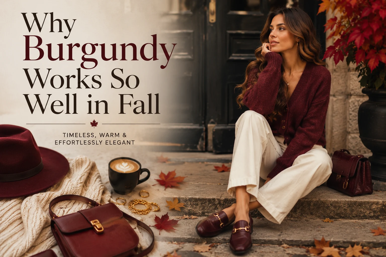 Burgundy fall outfits featuring a burgundy sweater, cream trousers and matching accessories