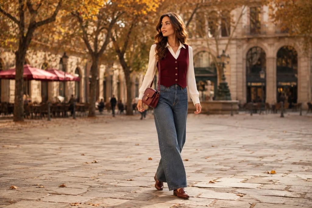 Woman wearing a burgundy vest, cream blouse and wide-leg jeans walking through an autumn city plaza