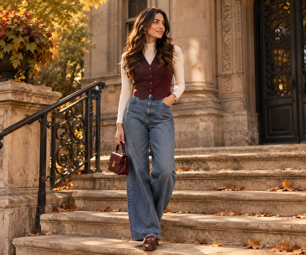 Woman wearing a burgundy vest with wide-leg jeans and loafers