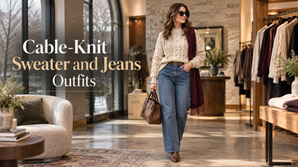 Cable-knit sweater and jeans outfits featuring an ivory textured sweater, blue jeans, and brown boots