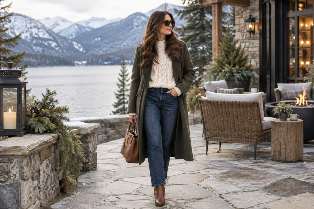 Cream cable-knit sweater and straight-leg jeans layered under a long wool coat for a polished winter outfit.