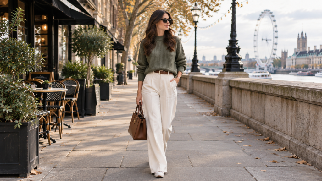 Woman wearing a cream cable-knit sweater with straight-leg jeans and brown boots for a classic winter outfit.