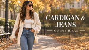 Woman wearing a cream cardigan with jeans for a stylish fall outfit