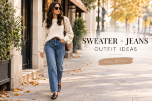 Woman wearing a tan cardigan with mom jeans and white sneakers at a fall farmers market