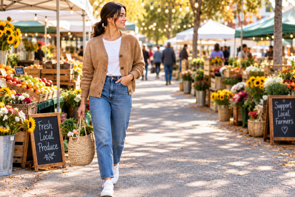Woman wearing a buttoned tan cardigan with mom jeans and white sneakers on a weekend outing