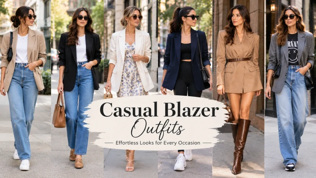 Casual blazer outfits featuring beige, black, white, navy, tan, and gray blazers styled for everyday looks