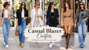Casual blazer outfits featuring beige, black, white, navy, tan, and gray blazers styled for everyday looks