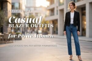 Petite woman wearing cropped black blazer with high-waisted jeans