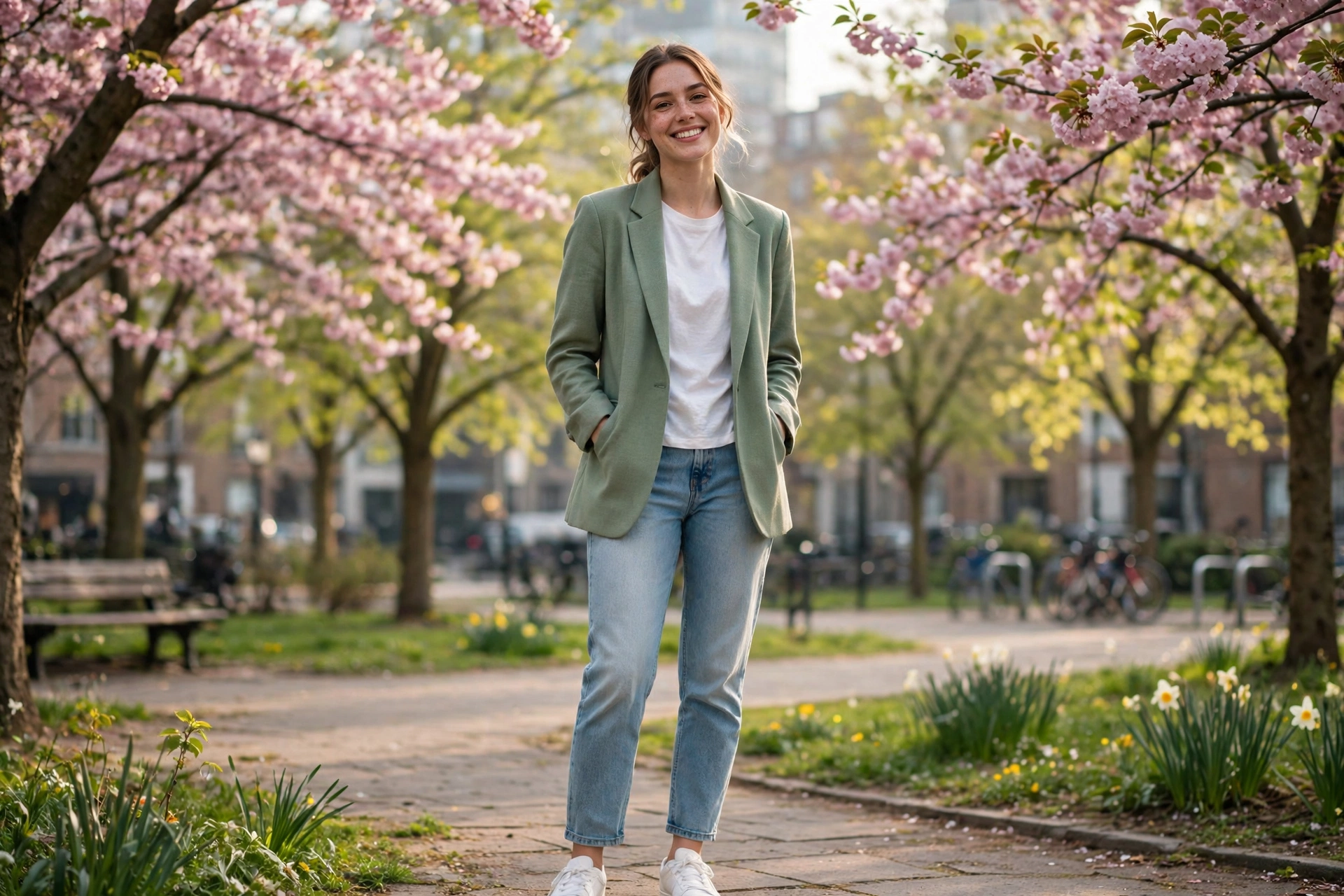 Woman wearing a pastel blazer with jeans, showing casual blazer outfits for spring