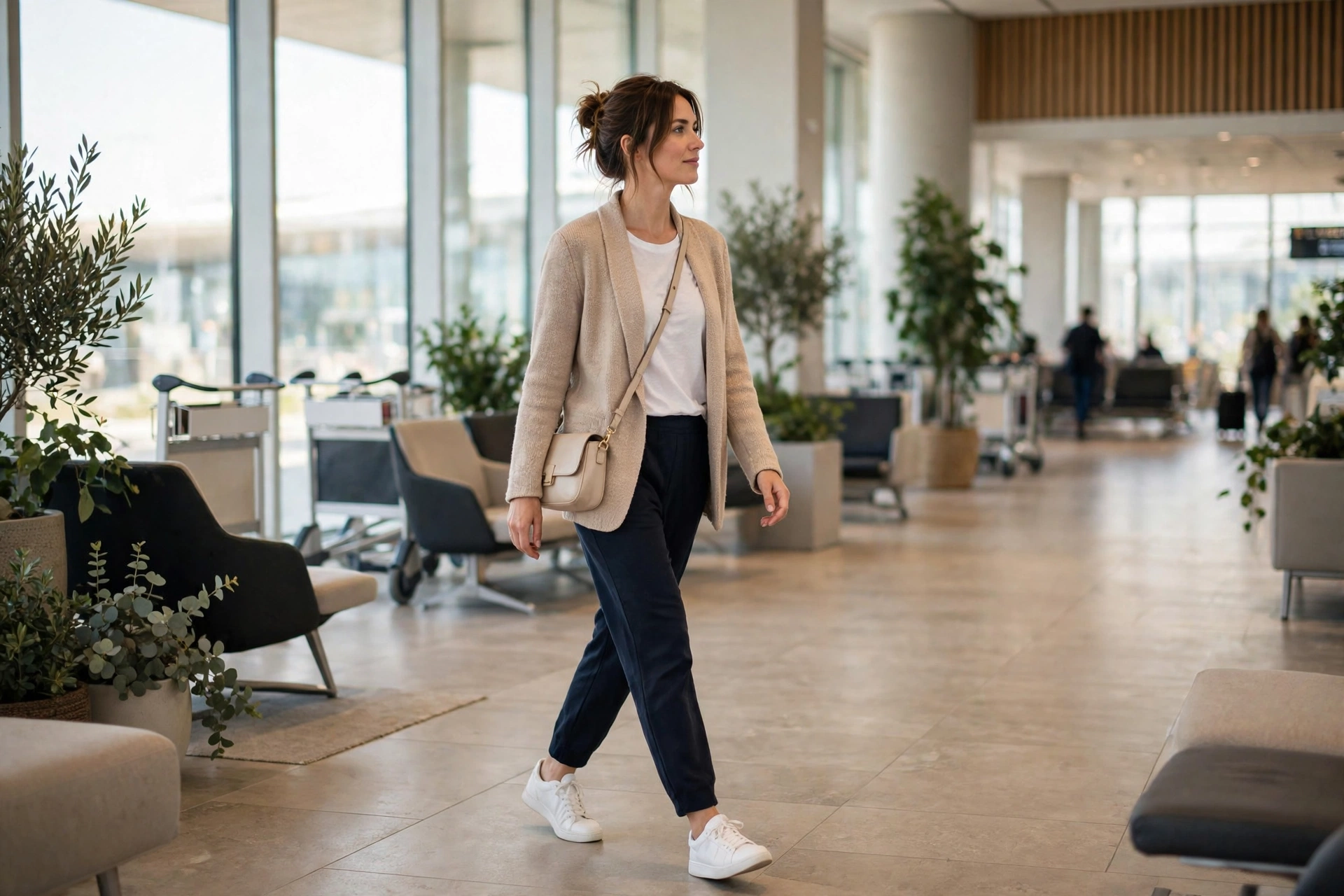 Woman wearing a soft blazer at an airport, showing casual blazer outfits for travel Woman wearing a soft blazer at an airport, showing casual blazer outfits for travel