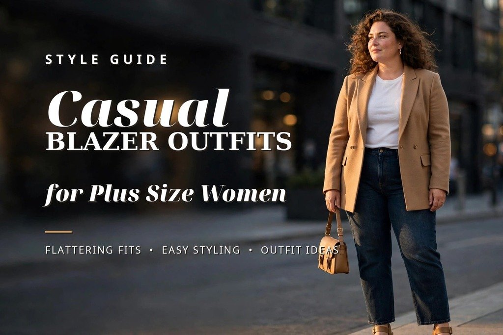 Plus size woman wearing a tailored camel blazer with jeans and white top