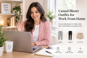 Woman wearing a pink blazer over a white T-shirt during a work-from-home video call.