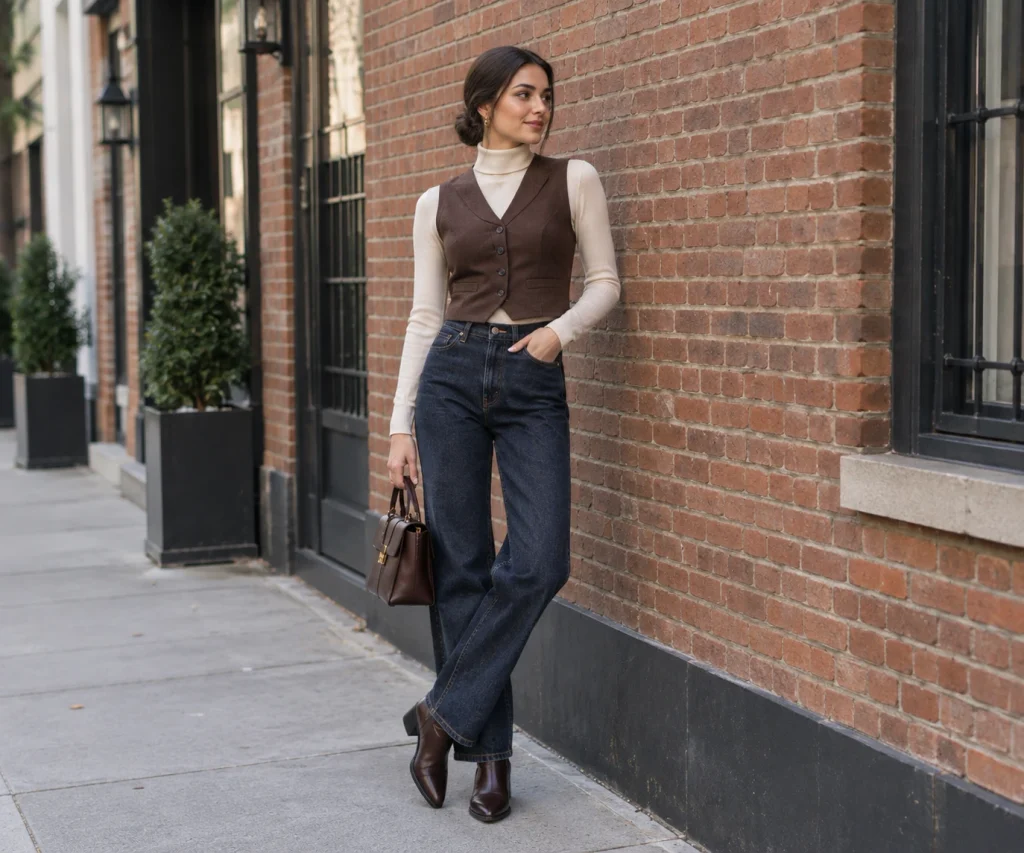 Woman wearing a cropped vest over a turtleneck with straight-leg jeans