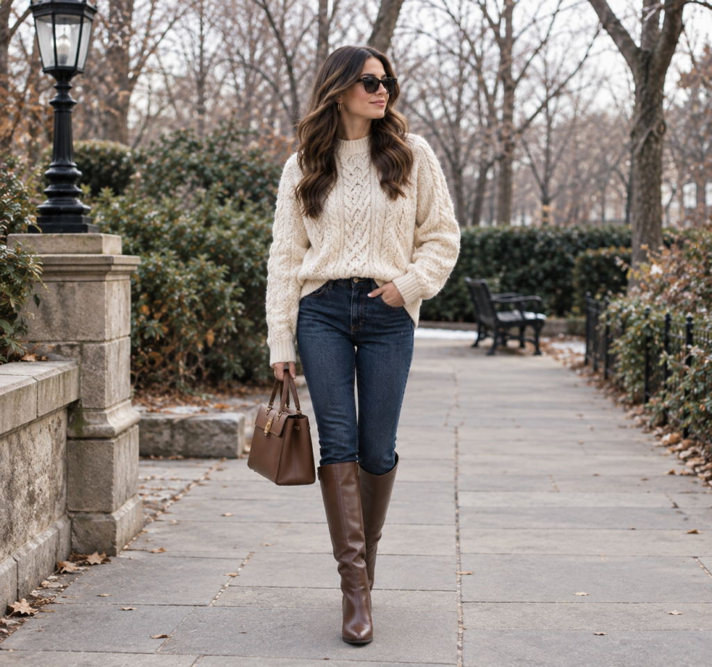 Chunky cream cable-knit sweater balanced with dark slim jeans and tall leather boots for winter.