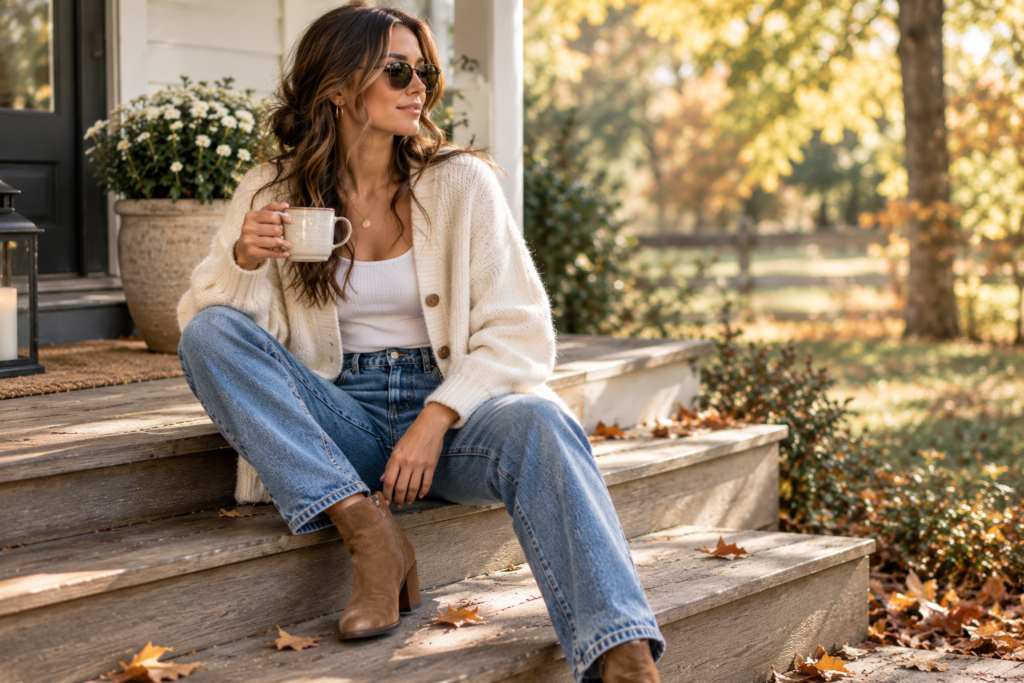 Woman wearing an open chunky cream cardigan over a tank top with straight-leg jeans 