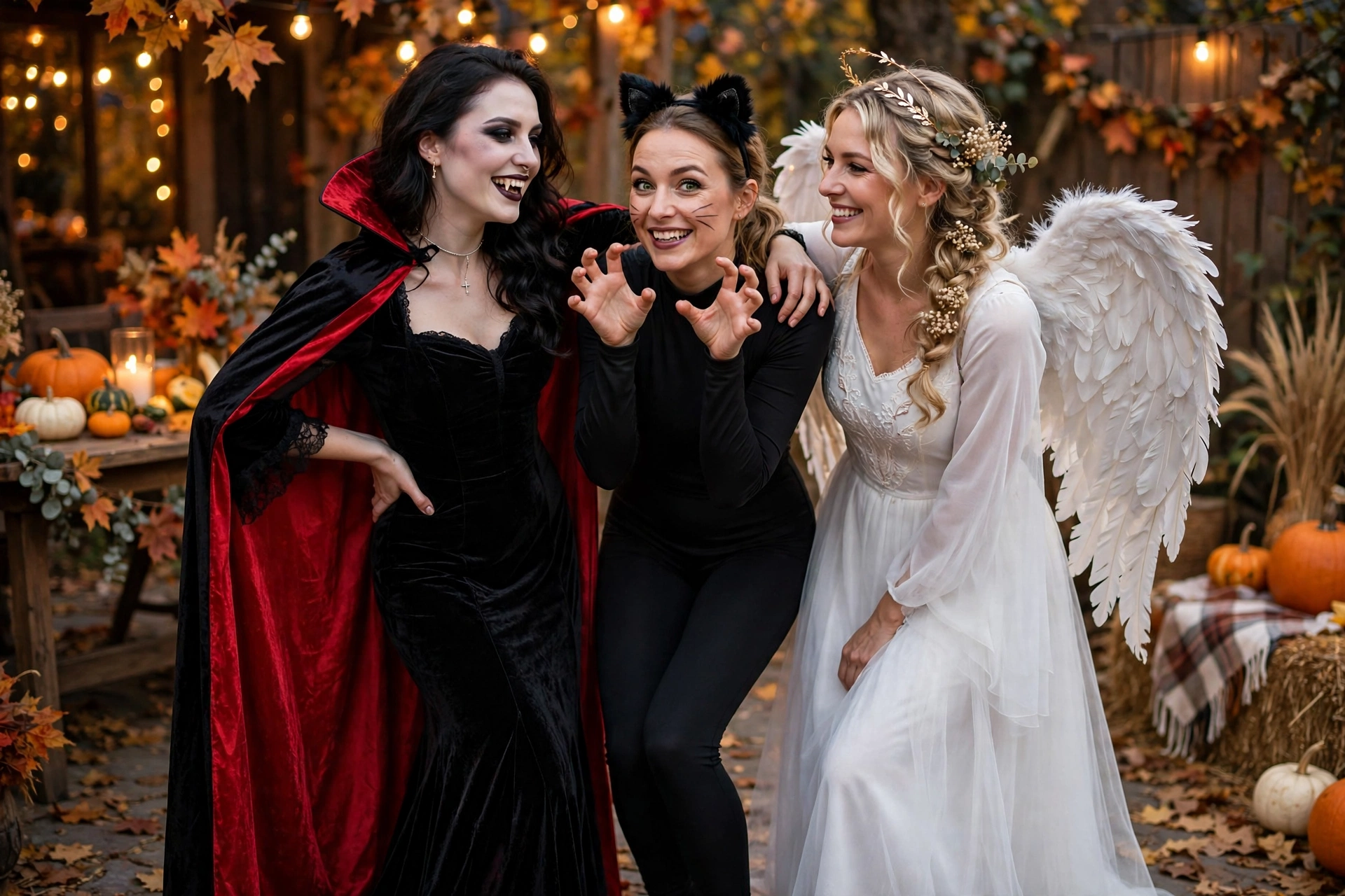 Collage of classic vampire, cat, and angel halloween outfits for women