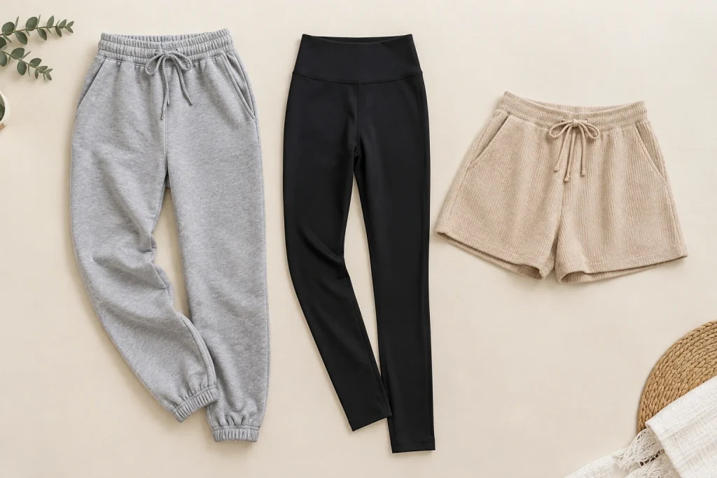 Flat lay of gray joggers, black leggings, and beige knit shorts arranged on a neutral background.