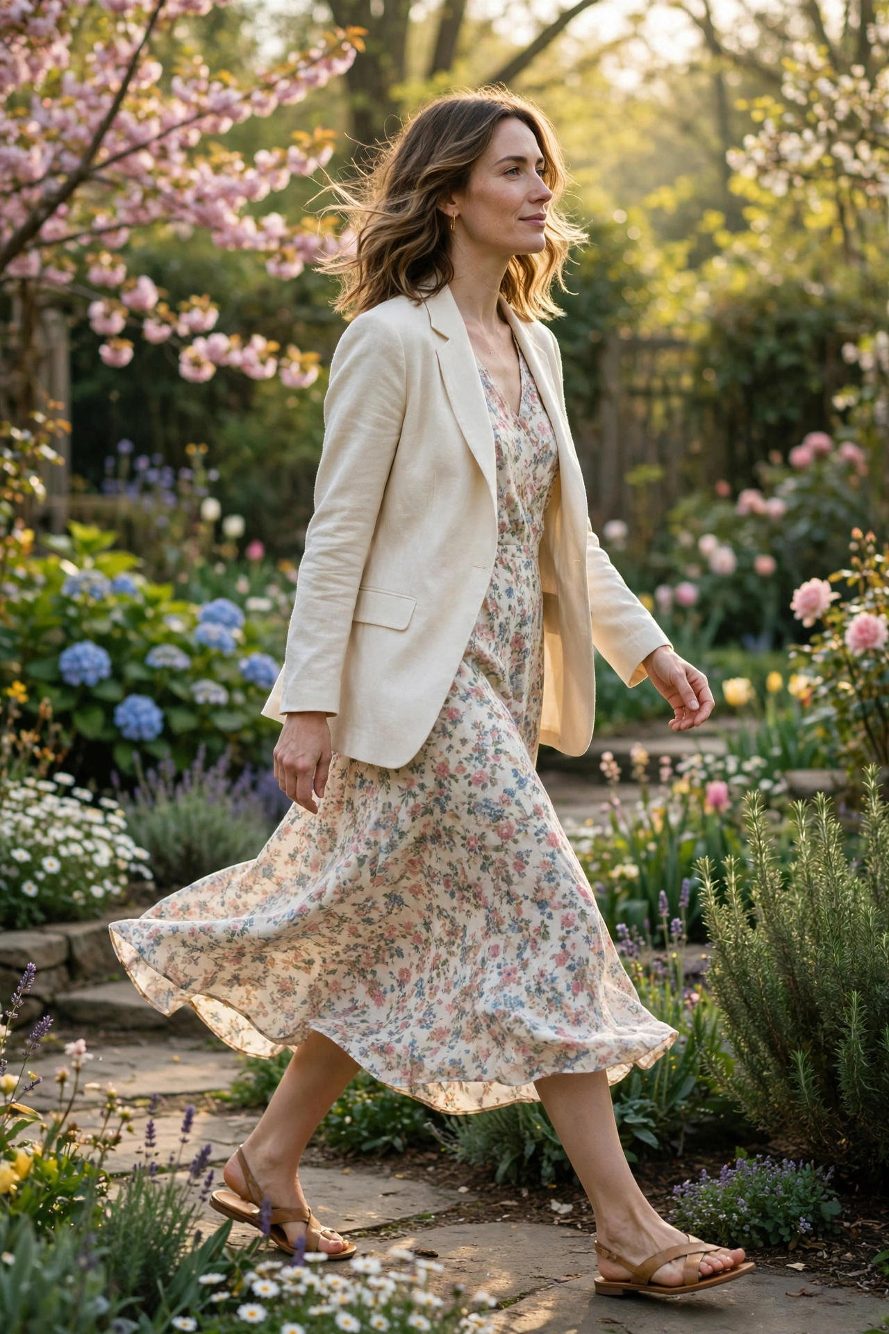 Cream blazer over a floral midi dress, a soft look in casual blazer outfits for spring
