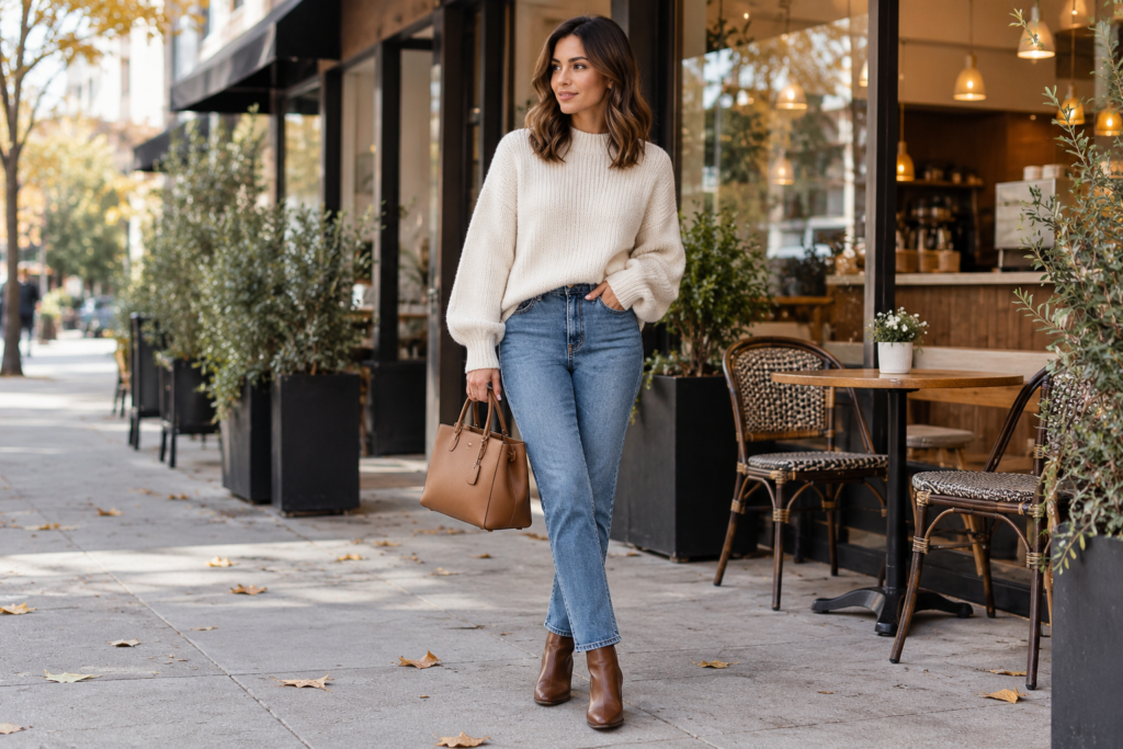 Cream oversized sweater paired with medium-wash straight-leg jeans and brown ankle boots.