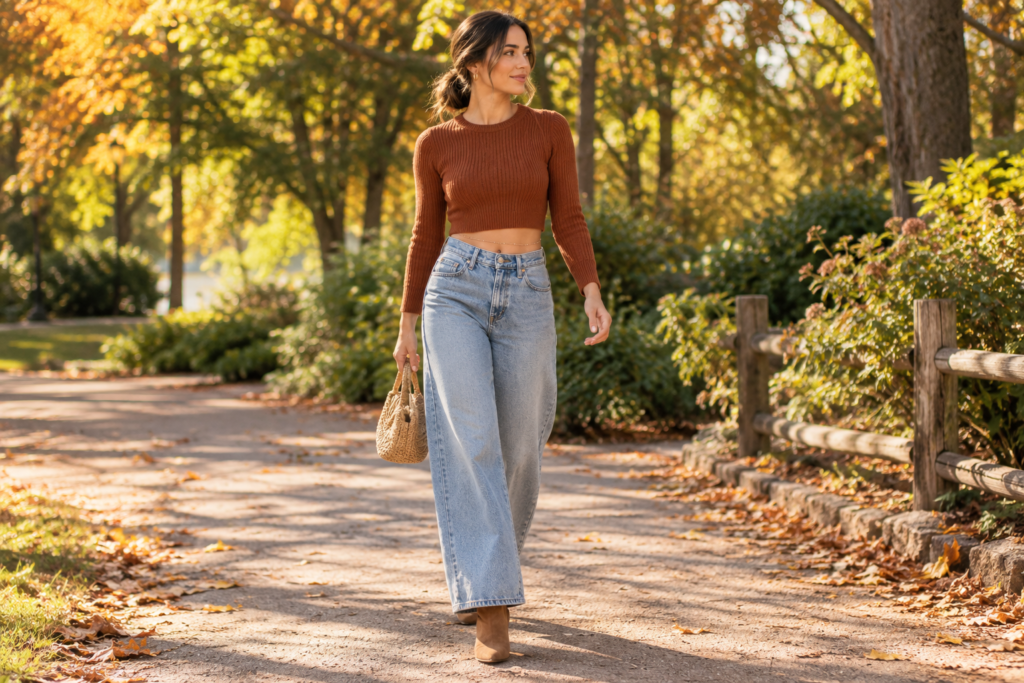 Woman wearing a cropped rust sweater with wide-leg jeans and a belly chain