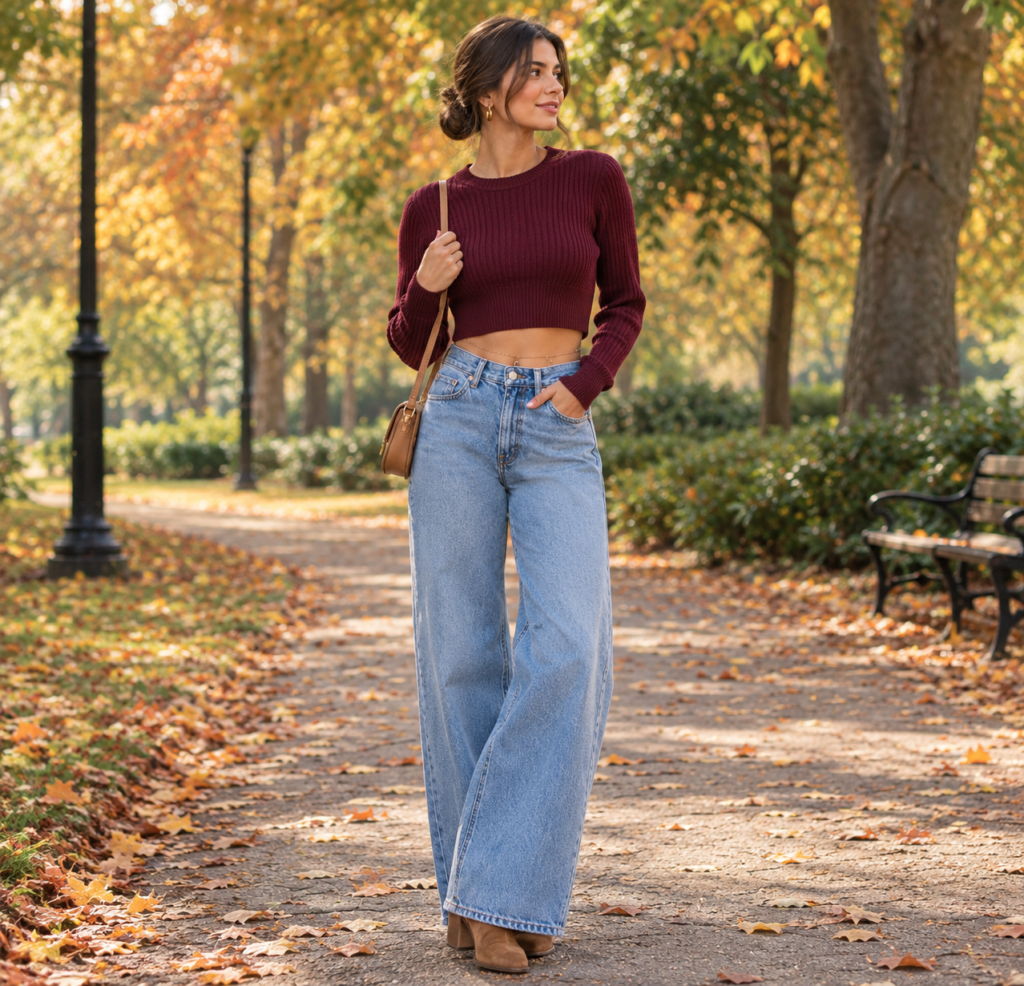 Woman in a cropped burgundy sweater and high-waisted wide-leg jeans standing outdoors in fall