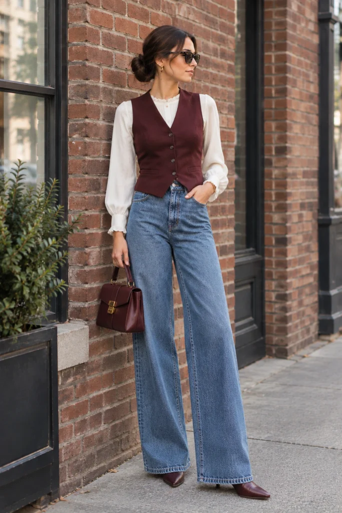 Woman wearing a chocolate-brown fitted vest over a cream turtleneck with straight-leg jeans