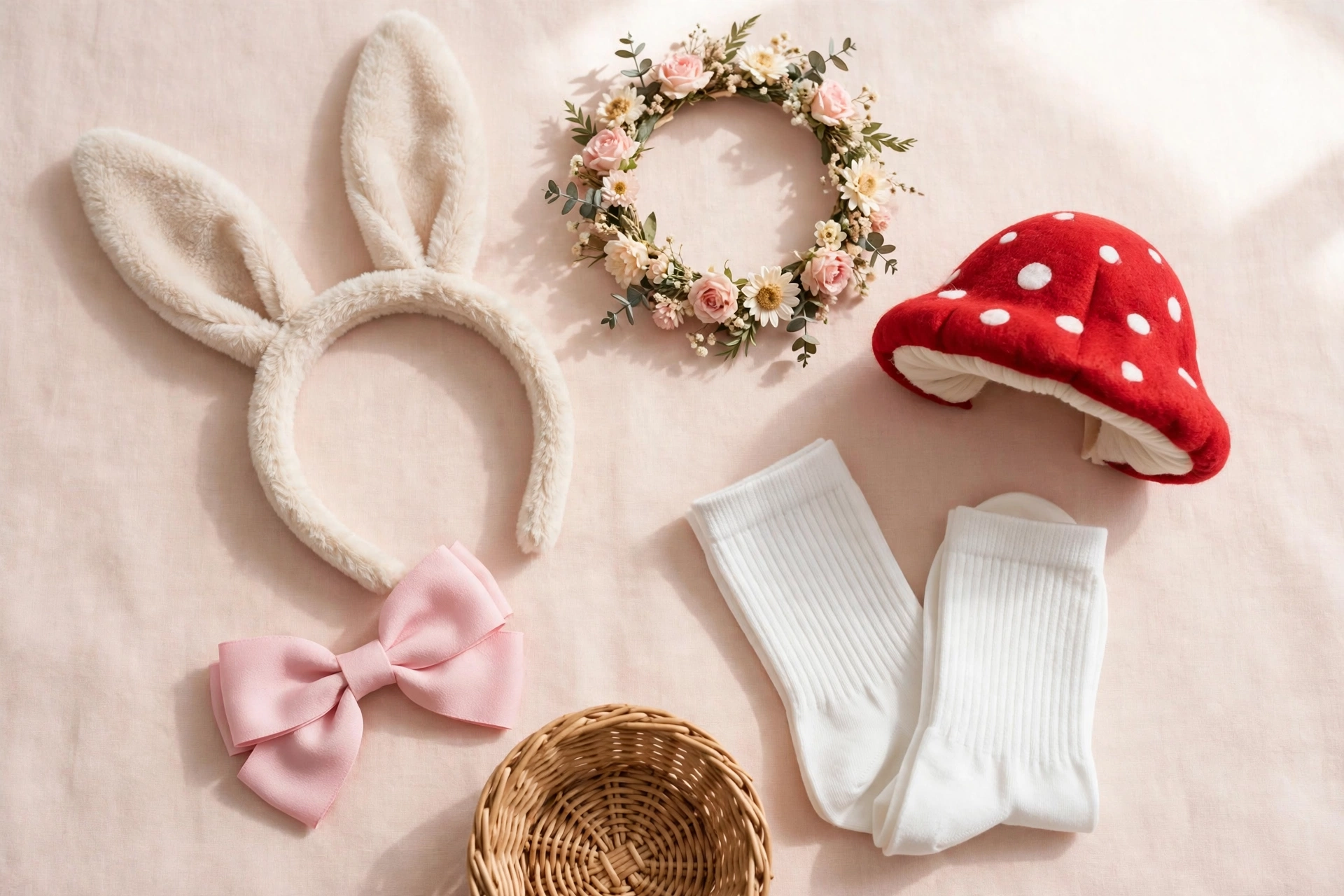 Flat lay of ears, bows, and crowns for cute halloween costumes for women