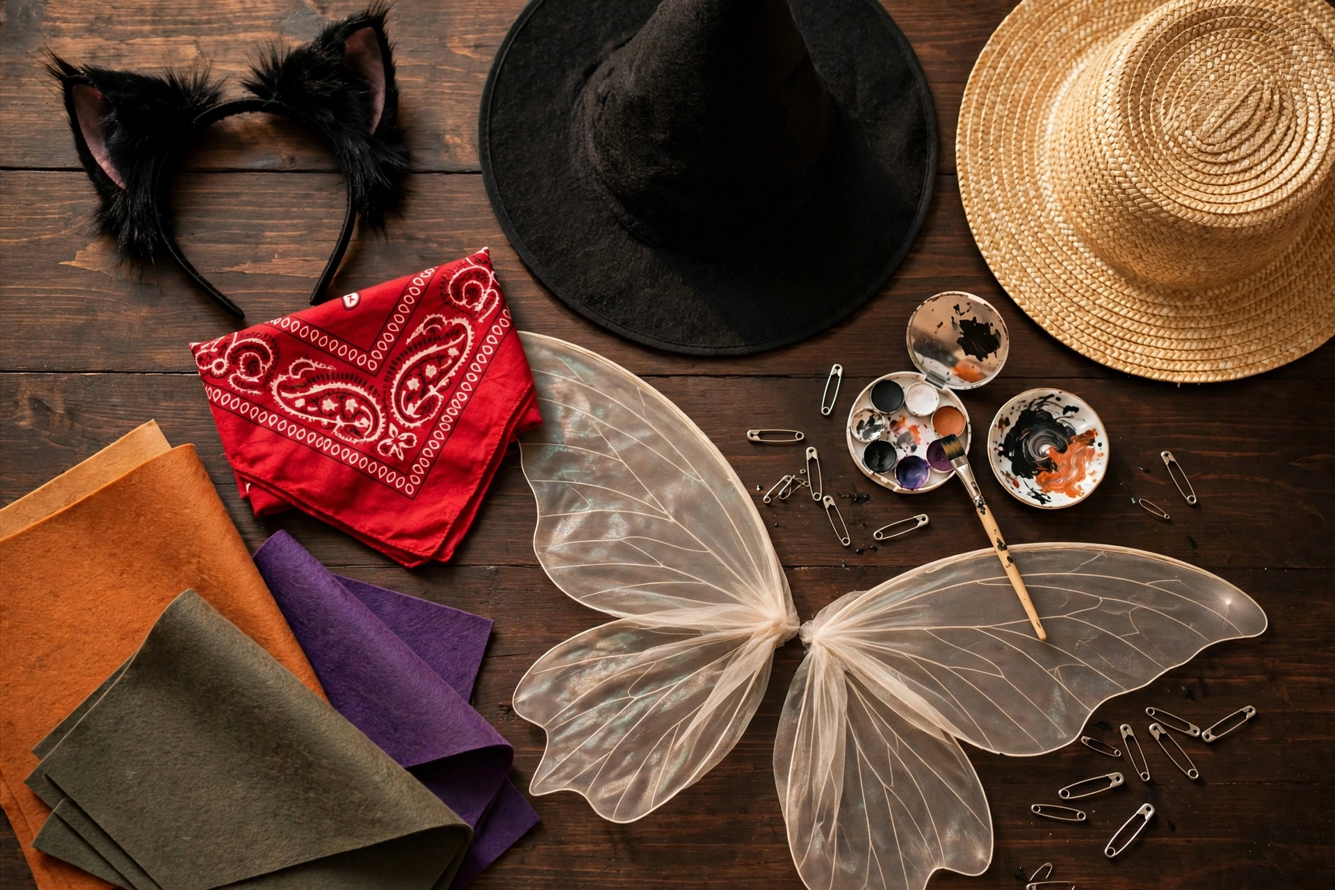 Flat lay of supplies for easy halloween costumes for women