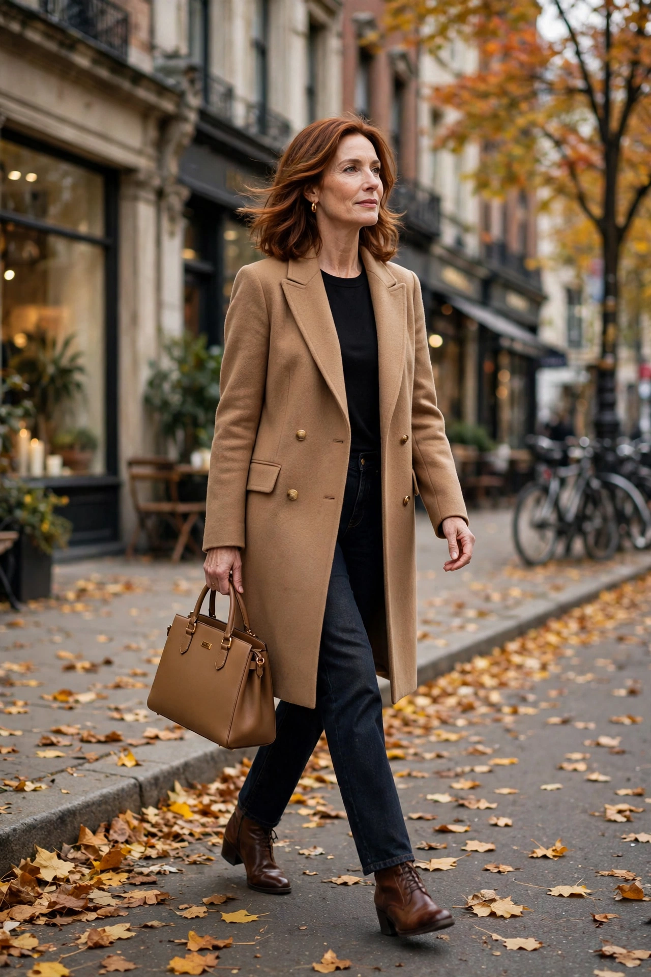Woman over 40 wearing a camel coat over dark denim for fall